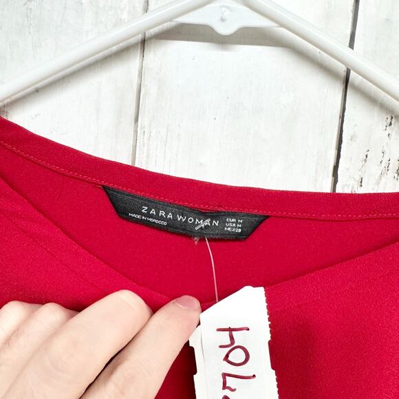 Zara Shirt Women Size Medium Red Boat Neck Bell Long Sleeve Peplum Blouse Preppy - Picture 2 of 5